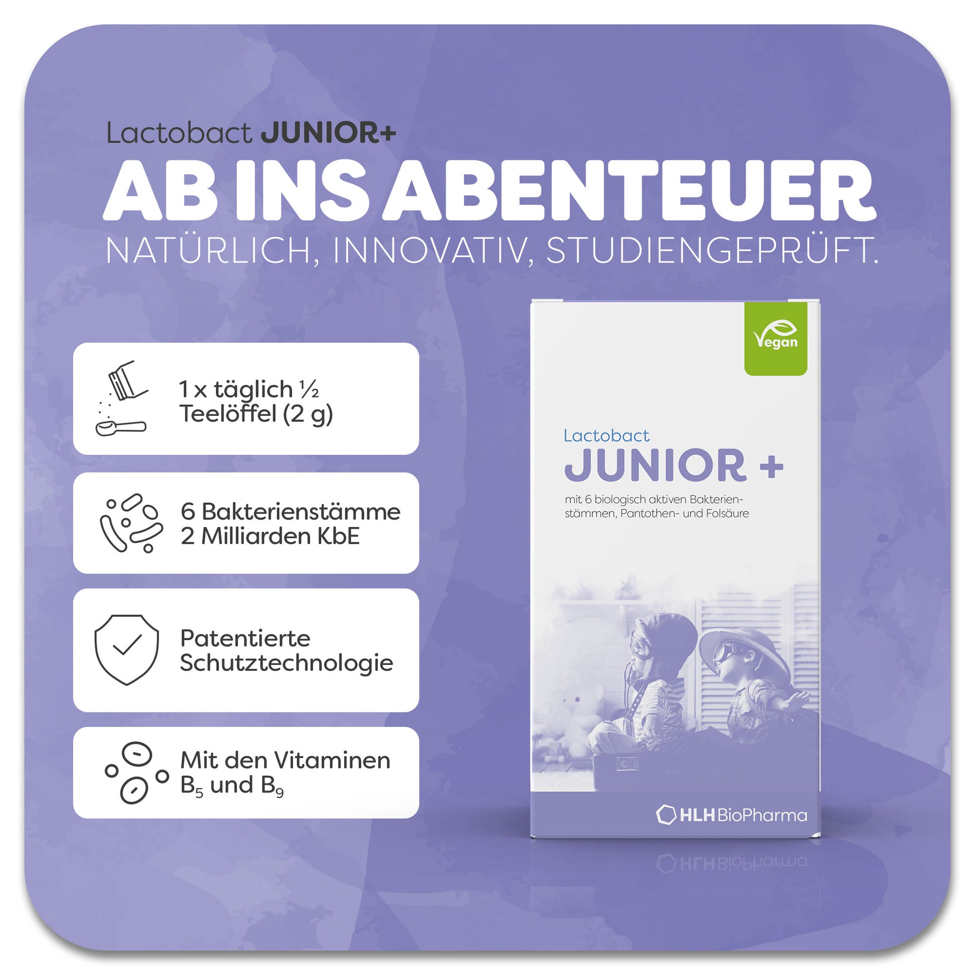 Informationsblatt mit Einnahmeempfehlung zu Lactobact Junior+