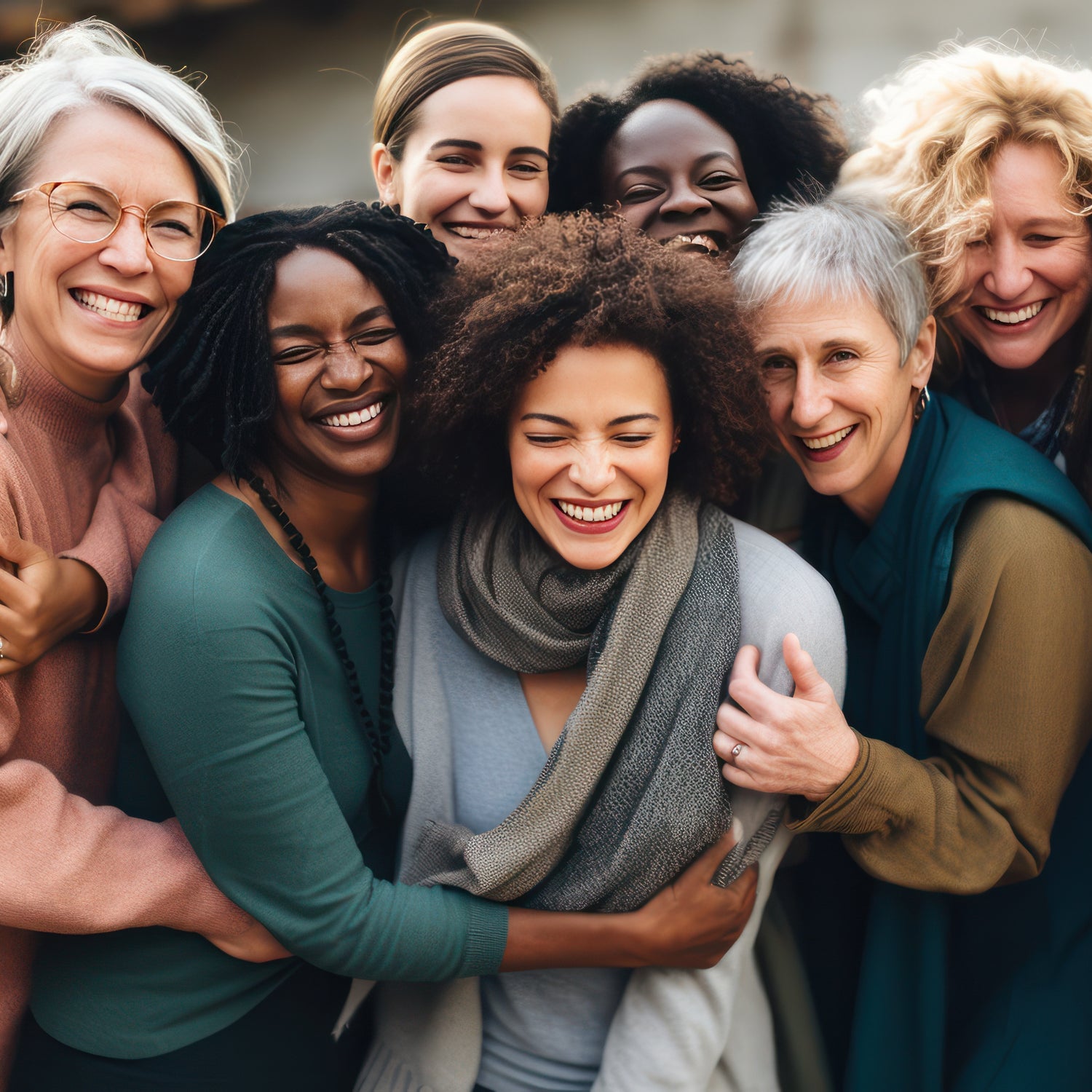 Gruppe von Frauen verschiedenen Alters eng beieinander stehend