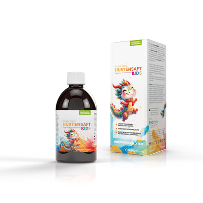 Casa Sana Hustensaft Kids Flasche und Kartonage nebeneinander