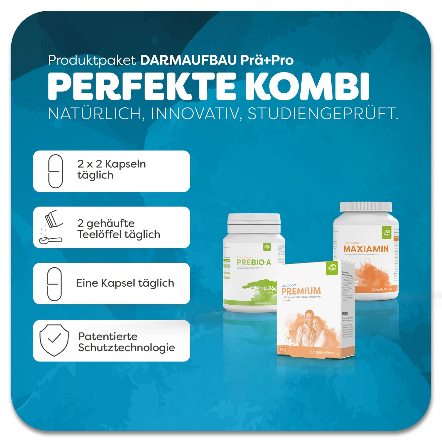Informationsblatt mit Einnahmeempfehlung zum Produktpaket Darmaufbau Prä+Pro