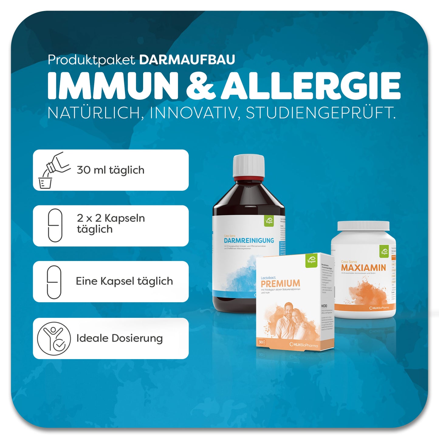Informationsblatt mit Einnahmeempfehlung zum Produktpaket Darmaufbau Immun & Allergie
